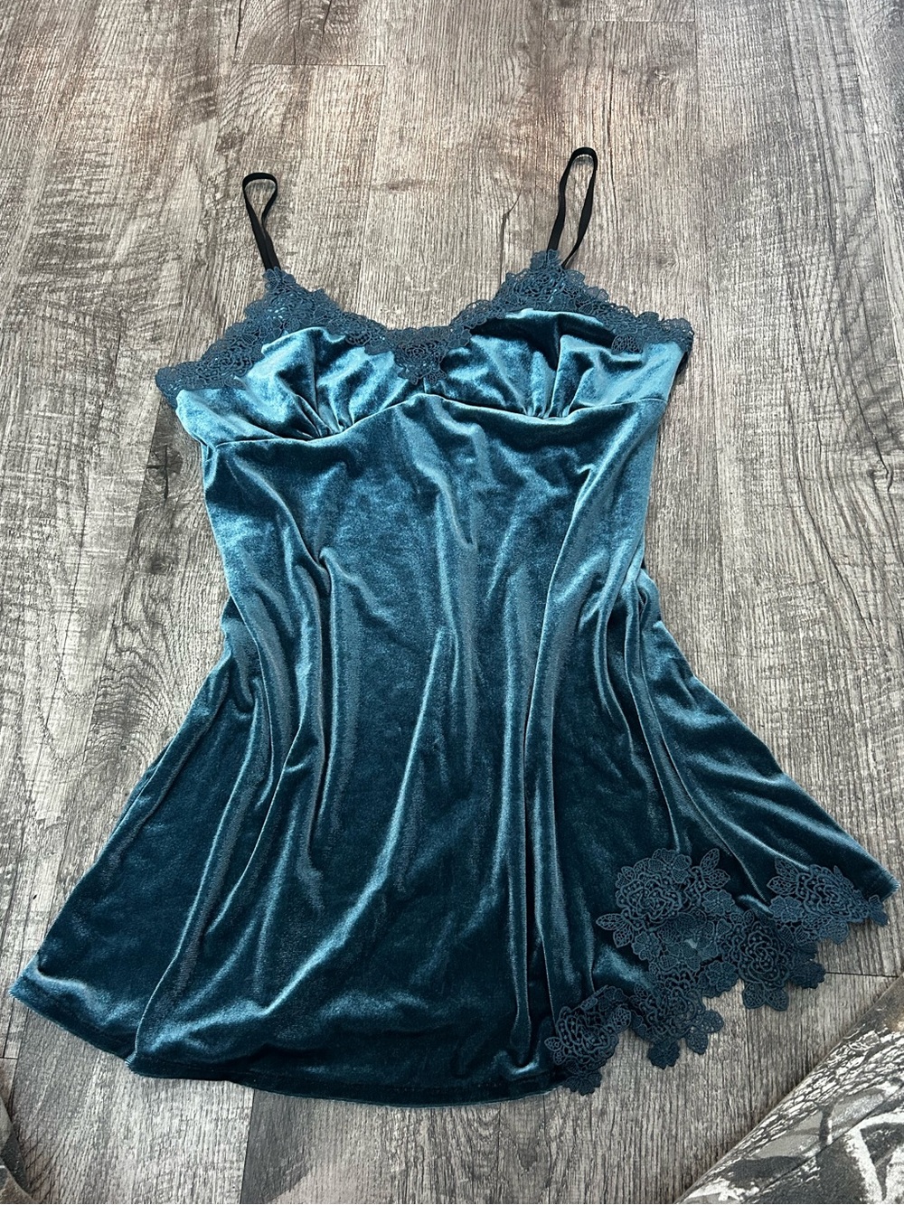 Velvet Lace Trim Chemise Nightdress in Teal